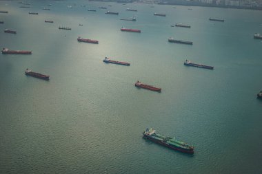 Singapur, Asya - 15 Nisan 2024: Singapur, Asya kıyısı boyunca Pertamina konteyner gemileri