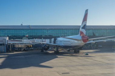 Heathrow, London - 28 January 2019: British Airways Aeroplane at Heathrow airport with HSBC advertisement, London, England, United Kingdom clipart