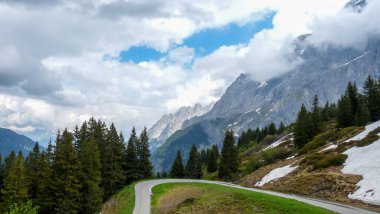 İsviçre, Meiringen, Schwarzwaldalp, karla kaplı bir dağın kenarındaki ağaçlarla dolu bir patika.