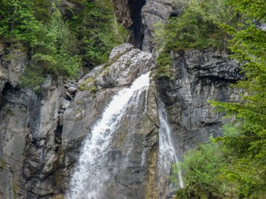 İsviçre, Meiringen, Schwarzwaldalp, ormandaki büyük bir şelale.