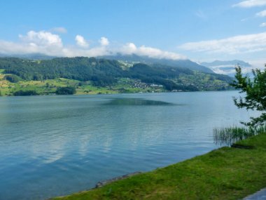 İsviçre, Meiringen, Schwarzwaldalp, arkasında dağ olan bir su kütlesi.
