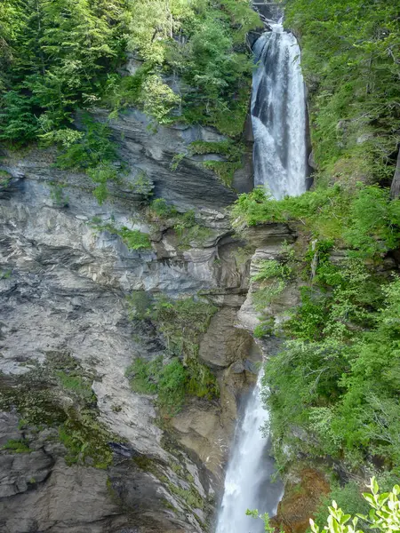 İsviçre, Meiringen, Schwarzwaldalp, kayanın yanında büyük bir şelale.