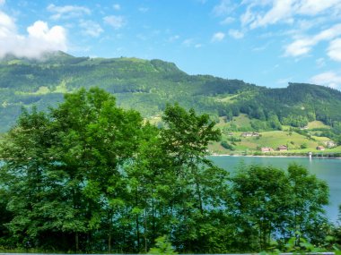 İsviçre, Meiringen, Schwarzwaldalp, arkasında dağ olan büyük bir su kütlesi.