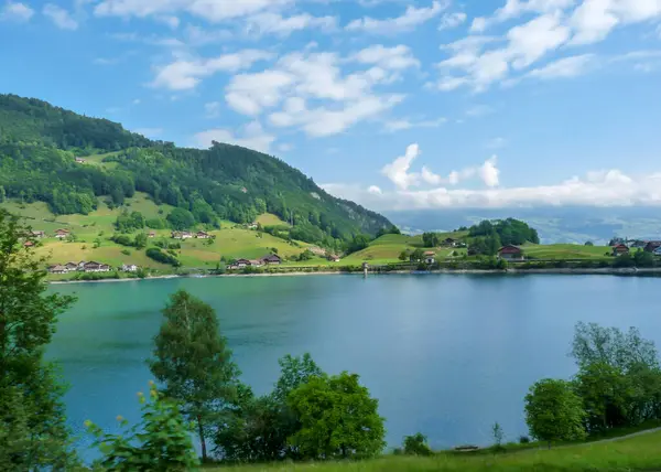İsviçre, Meiringen, Schwarzwaldalp, arkasında dağ olan büyük bir su kütlesi.
