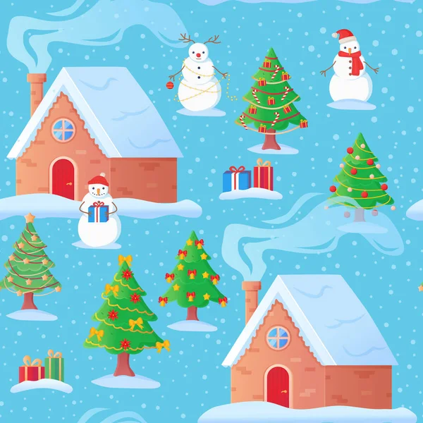 Weihnachten Schneehäuser Den Weihnachtsbäumen Nahtlose Muster Schneemann Mit Weihnachtsmann Hut — Stockvektor