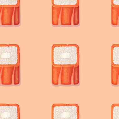 Maki roll Salmon philadelphia sushi seamless pattern. Japanese food realistic cartoon.