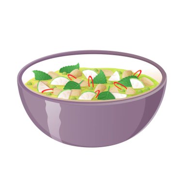 Green thai curry with eggpalant. Asian food illustration isolated on white in cartoon style.