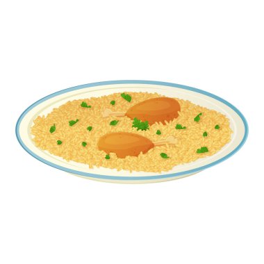 Indian Biryani with chicken dish. Asian food illustration isolated on white in cartoon style.