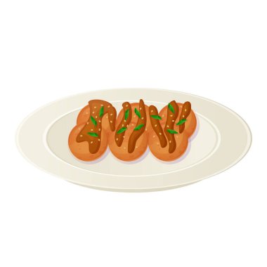 Japon Takoyaki tabağı. Çizgi film tarzında beyaz arkaplanda Asya yemekleri çizimi izole edildi.