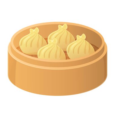 Çin Dim sum 'u bambu sepetine koyup beyaz üzerine çizgi film tarzında izole edilmiş Asya yemeği çizimi..