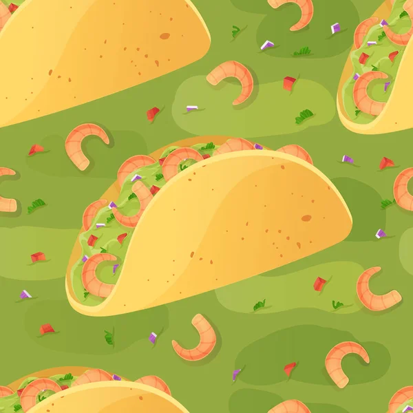 Mexicano Taco Shrimps Guacamole Seamless Pattern Latino American Food Cartoon — Stock Vector