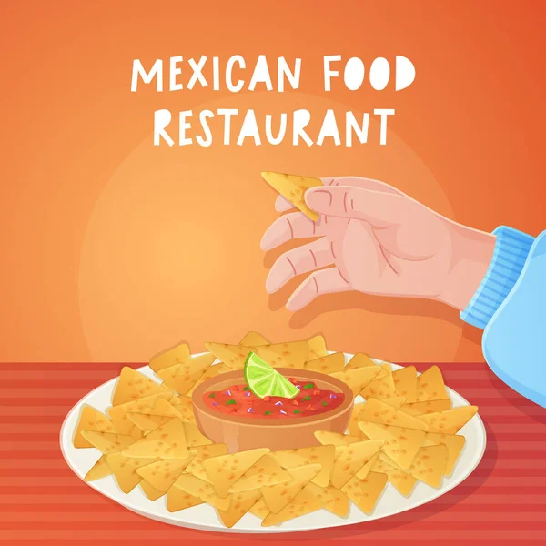 Mão Adquira Nacho Mexicano Prato Com Salsa Ilustração Comida Latino — Vetor de Stock