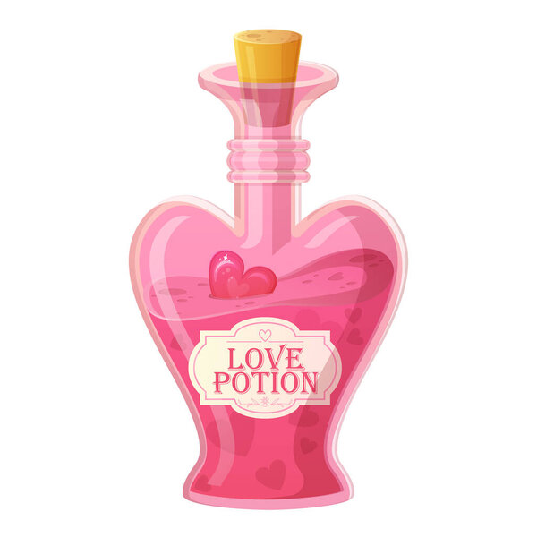Pink Love potion bottle. Glass heart shaped bottle with cork. Romance elixir, alchemy, rpg game icon concept