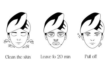 Face mask instruction icons set. Step by step sheet mask applying guide. Beautiful girl with towel on head washing face, moisturizing. Black and white. Stock vector illustration in simple flat style.
