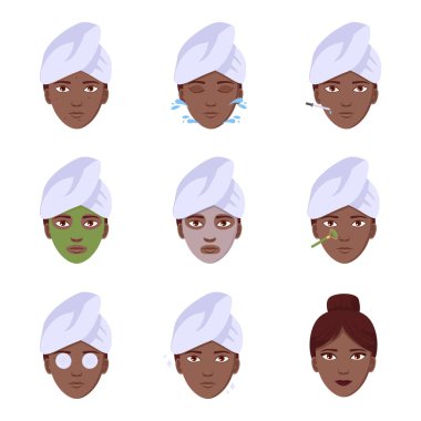 Black woman face care routine set. SBeatiful girl with acne and tovel on head washing face. Cleaning, moisturazing. Stock vector illustration
