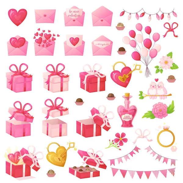 Pink Valentine Day Objects Set Romantic Decoration Symbols Realistic Cartoon — Stock Vector