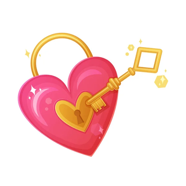 Pink Heart Shaped Lock Golden Key Valentine Day Romantic Feelings — Stock Vector