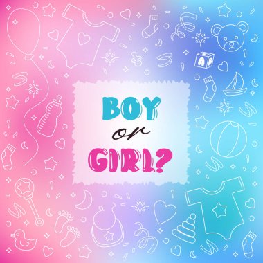Cinsiyet İfşası Parti Çocuğu ya da Pembe Kız ve bebek partisi için mavi kare arka plan pankartı. Ağ bulanık arkaplanda karalama biçimi beyaz sütunlarda stok vektör ilüstrasyonu.