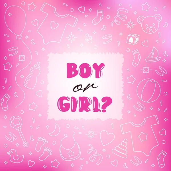stock vector Gender Reveal Party Boy or Girl Pink square background banner for baby shower. Stock vector illustration in doodle style white lements on mesh blurry background.