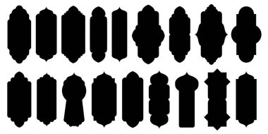 İslami vektör şekil pencere kemeri siluetleri ayarlandı. Arap müslüman biçimli arşiv Ramazan Kareem siluet cami kapısı. İslami arabesk. Stocl vektör çizimi beyaz arkaplanda izole edildi