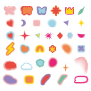 Estetik y2k aura elementleri ayarlandı. Çiçek, leke, kalp, kelebek, yıldız sembolleri. Beyaz arkaplanda izole edilmiş basit 2000 'ler biçiminde stok vektör illüstrasyonu