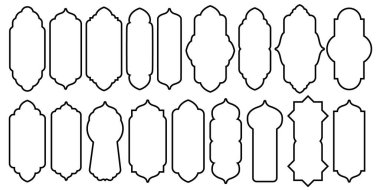 İslami vektör şekil pencere kemer çerçeve seti. Arap müslüman biçimli arşiv Ramazan Kareem siluet cami kapısı. İslami arabesk. Stocl vektör çizimi beyaz arkaplanda izole edildi