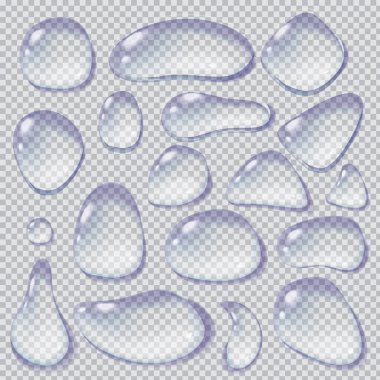 Realistic water drop set on transparent background. Clear rain droplets in macro. Stock vector illustration. Pure liquid condensat. clipart