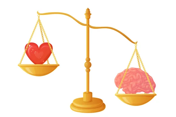 Kalp terazideki zekadan daha ağır basar. Beyin kalp dengesi çizimi konsepti. Seçim sembolü yapmak zor. Düz çizgi film tarzında aşk ya da zihin kararı hisse senedi temsilciliği.