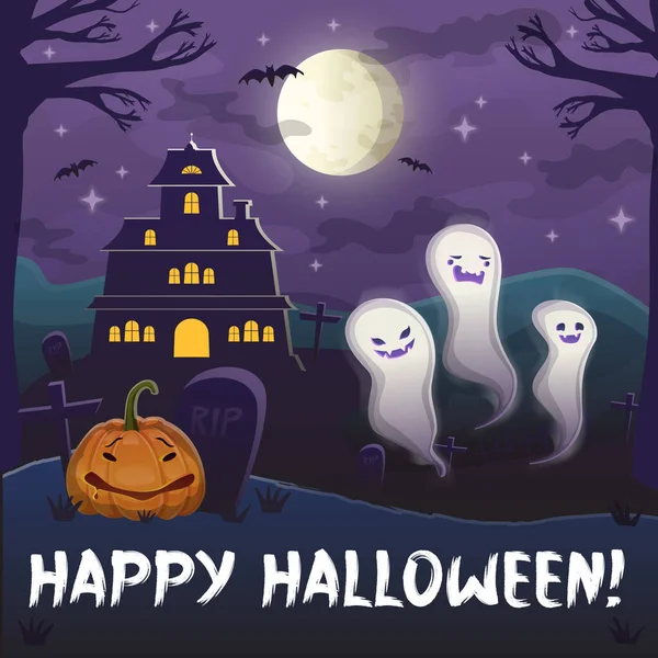 Halloween Fialové Pozadí Nočním Měsícem Hradem Duchy Dýně Hroby Stock — Stockový vektor