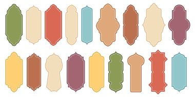 Şekil İslami pencere seti. Arap Müslüman şekil kemeri. Ramazan kareem siluet cami kapısı. İslami arabesk. Stok vektör illüstrasyonu beyaz arkaplanda izole edildi