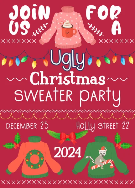 çirkin süveter partisi davetiyesi. Farklı gülünç dizaynlı Noel kazakları, DIY titreşimli. Düz el çizim tarzında beyaz arkaplanda izole edilmiş stok vektör illüstrasyonu.