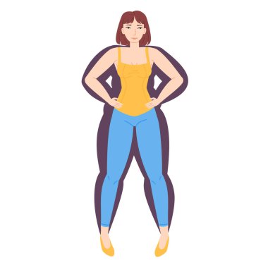 Düşük ve yüksek BMI endeksi olan bir kız. Şişko konsepti. Çizgi film tarzında stok vektör illüstrasyonu beyaz arkaplanda izole edildi.