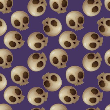 Mor arka planda cadılar bayramı kafatası deseni var. Çizgi film tarzında izole edilmiş stok vektör illüstrasyonu.