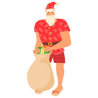 Yaz Noel Baba 'sı hediye dolu bir çanta tutuyor. Temmuz 'da Noel konsepti. Beyaz arkaplanda izole edilmiş çizgi film el çizimi biçiminde stok vektör illüstrasyonu.