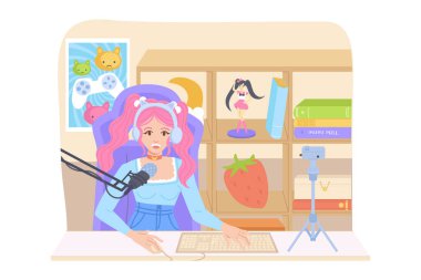 Oyun flamalı kadın blogcu. Çevrimiçi yayın, anime otaku kavramı. Genç bir kız odasının içinde video oyunları oynuyor. Düz çizgi film tarzında stok vektör illüstrasyonu.