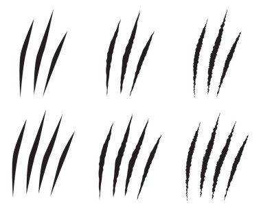 Farklı keskinlikte altı kedi tırmalaması. Stok vektör illüstrasyonu düz bir şekilde beyaz arkaplanda izole edildi.