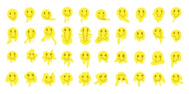 Eriyen ya da damlayan gülümseme seti. Beyaz arka planda izole edilmiş saykodelik yüzler. Kötü yolculuk konsepti. Eski okul çizgi film tarzında stok vektör illüstrasyonu.