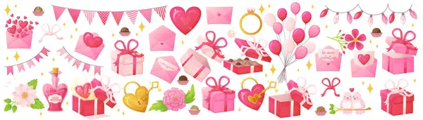 Pink Valentine Day Objects Set Romantic Decoration Symbols Realistic Cartoon — Stock Vector