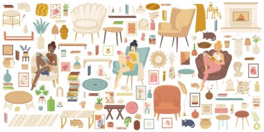 Konforlu ev mobilyası takımı. Oturma odasının içi. Kızlar kitap okuyor ve koltukta çay içiyor. Düz el çizim tarzında beyaz arkaplanda izole edilmiş stok vektör illüstrasyonu.