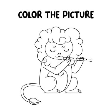 Kids coloring book page. Lion playing on flute isolated on white background. Stock vector illustration in doodle line style. clipart