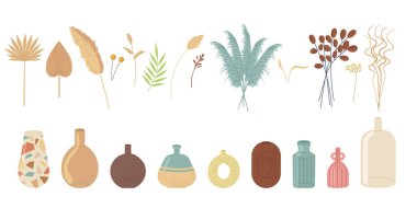 Bir dizi İskandinav Botanik Vektör İllüstrasyonu. El yapımı bitkiler, çiçekler ve vazolar, beyaz arka planda izole edilmiş..