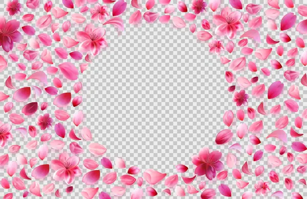 Sakura yaprakları kareli gri arka planda yatıyor. Yuvarlak çiçek çerçevesi. Stok vektör illüstrasyonu gerçekçi biçimde beyaz arkaplanda izole edildi.