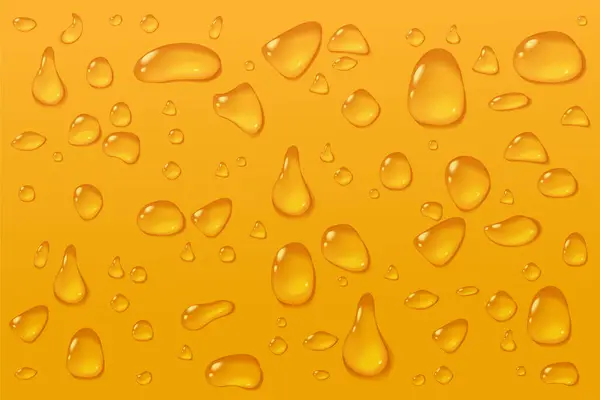 啤酒的抽象背景 宏观纹理中的凝聚态玻璃 透明的水滴在黄色表面上 冷饮概念果汁 油或香槟 现实风格的股票矢量图解 矢量图形