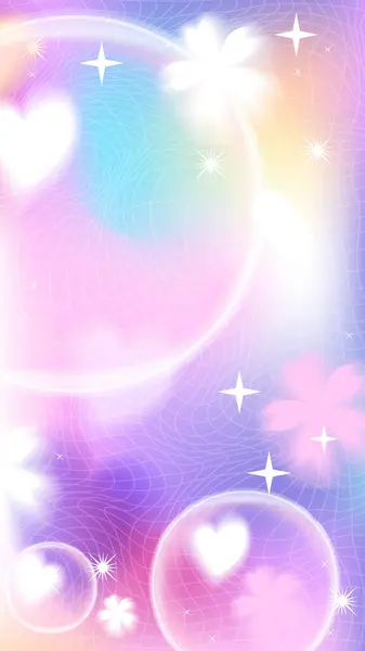 Şirin y2k gökkuşağı ışıltılı anime hikayeleri. Kelebekli, mor, sihirli bir parıltı. Çizgi film bulanık stiliyle stok vektör illüstrasyonu. Romantik fantezi pankartı. Duvar kağıdı olarak kullanılabilir.