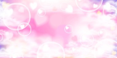 Güzel pembe tek boynuzlu at arka planında kabarcıklar ve parlayan kalpler var. Pastel anime günbatımı bulut afişi. Gerçekçi biçimdeki stok vektör illüstrasyonu.