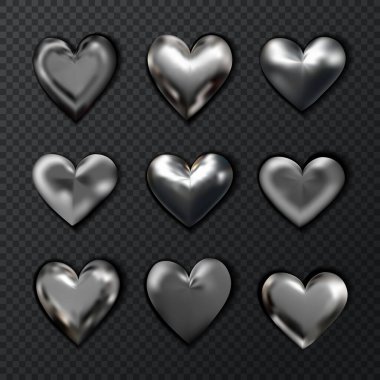 Krom metalik kalp koleksiyonu. Y2k metalik set. Gerçekçi biçimdeki stok vektör illüstrasyonu.