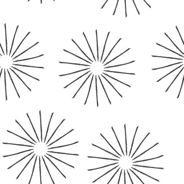 Beyaz zemin üzerinde siyah çizilmiş el yapımı yıldız patlaması şekillerinin kusursuz deseni.