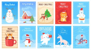 Festivalci hayvanların, tatil sahnelerinin ve neşeli selamların yer aldığı resimli Noel kartları koleksiyonu.