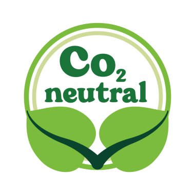 Dairesel bir rozetin içinde iki yeşil yaprak deseni ve CO2 metni olan karbon nötr etiket logosu. Çevresel sürdürülebilirlik için stok vektör illüstrasyonu ve düz basit biçimde çevre dostu kavram.