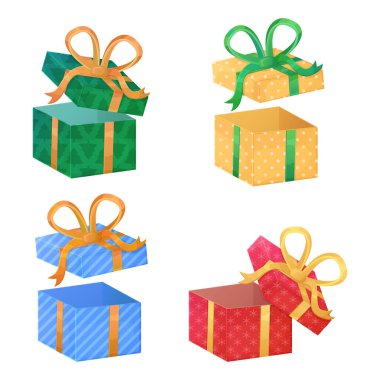 İçinde yeşil, sarı, kırmızı ve mavi renkli fiyonklar bulunan dört renkli Noel hediyesi kutusu. Çizgi film tarzında tasarlandı ve beyaz arka planda izole edildi. Tatil kutlamaları için mükemmel.